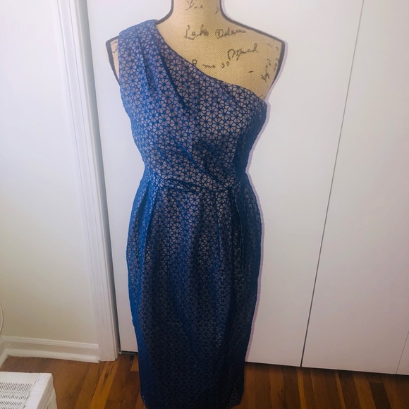 LOVE, BONITO BLUE FLORAL LACE ONE SHOULDER MIDI DRESS ADJUSTABLE TIE WAIST NWT - Picture 5 of 8